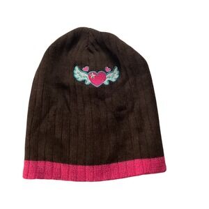 Toby‎ Nyc Kids Beanie Hat Girls Brown Pink Heart Wings Embroidered Size 4-10
